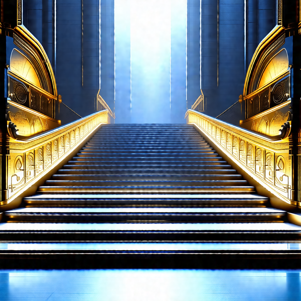 Staircase with a gold railing, leading to a brightly lit ...