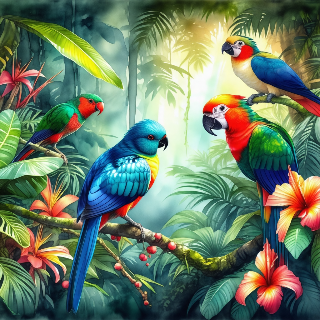 Lush green forest with a variety of birds perched on tree...