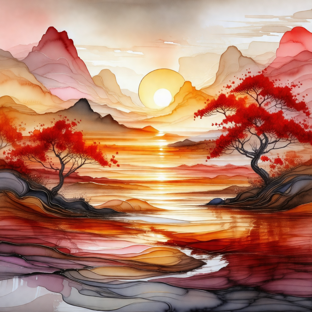 Beautiful landscape with a body of water, possibly a lake...