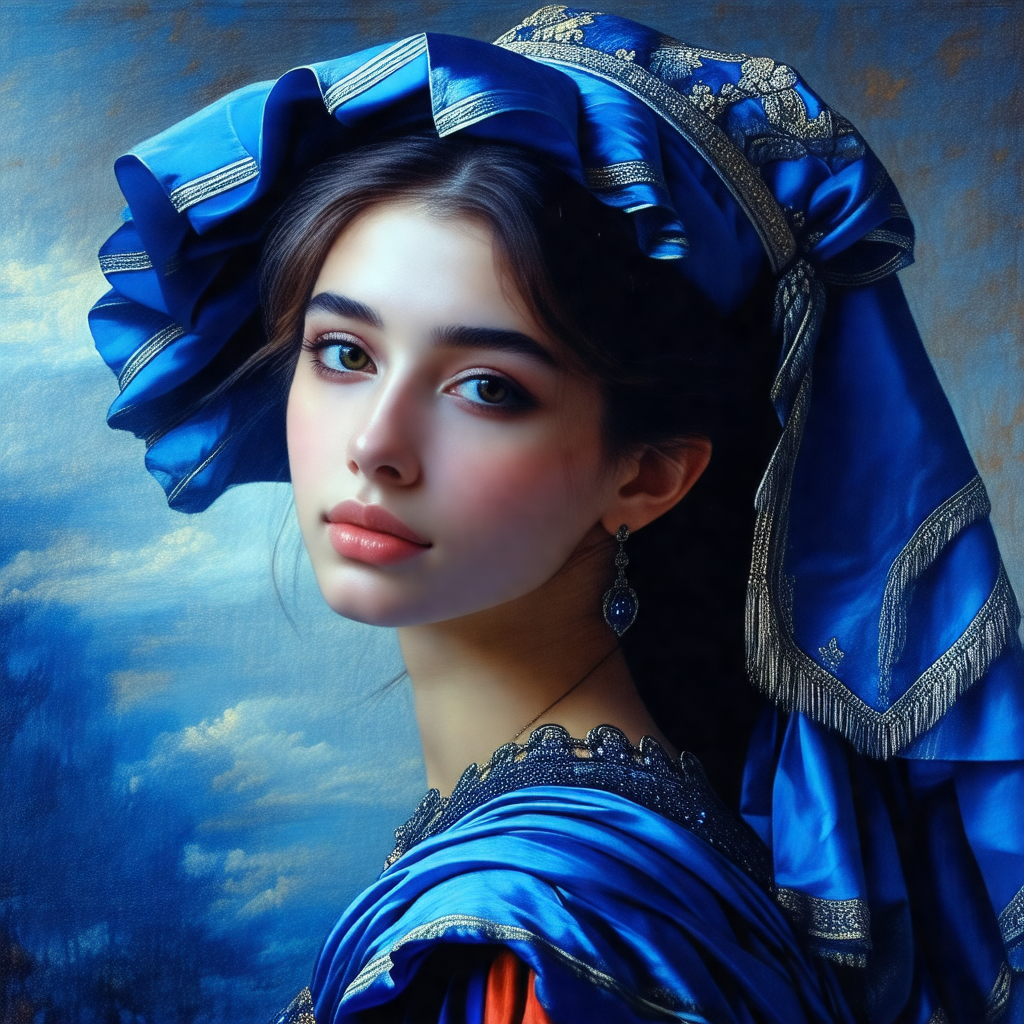 Woman wearing a blue hat and a blue dress