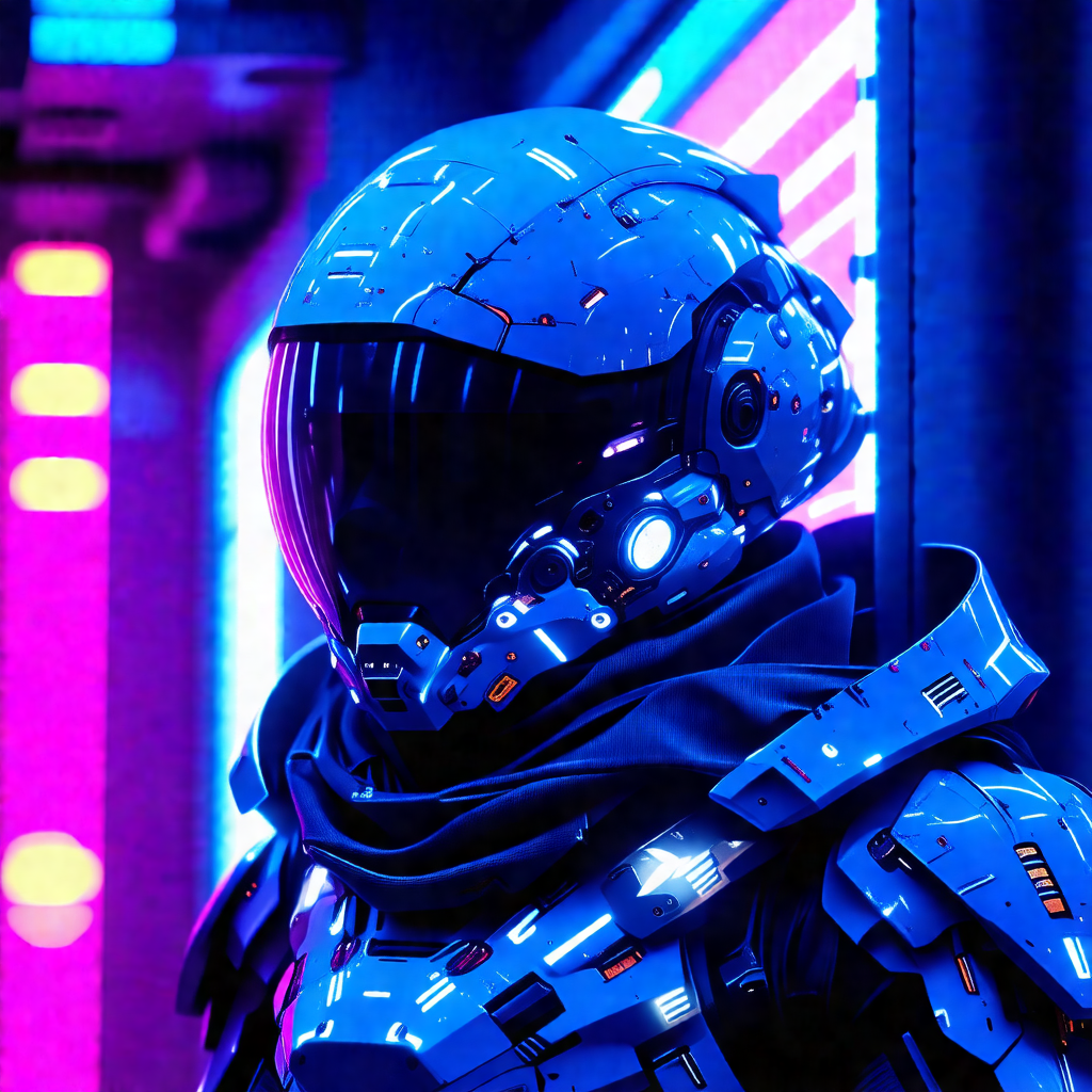 Futuristic robot with a blue helmet, standing in a room w...