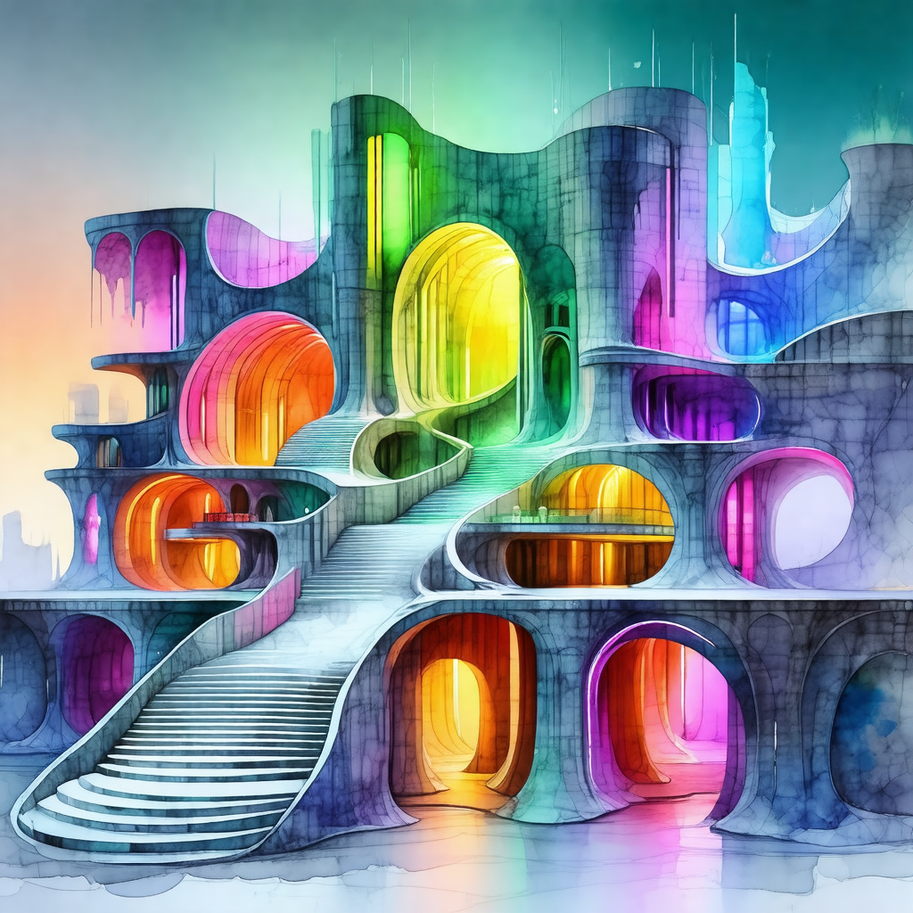 Colorful and imaginative drawing of a large, multi-storie...