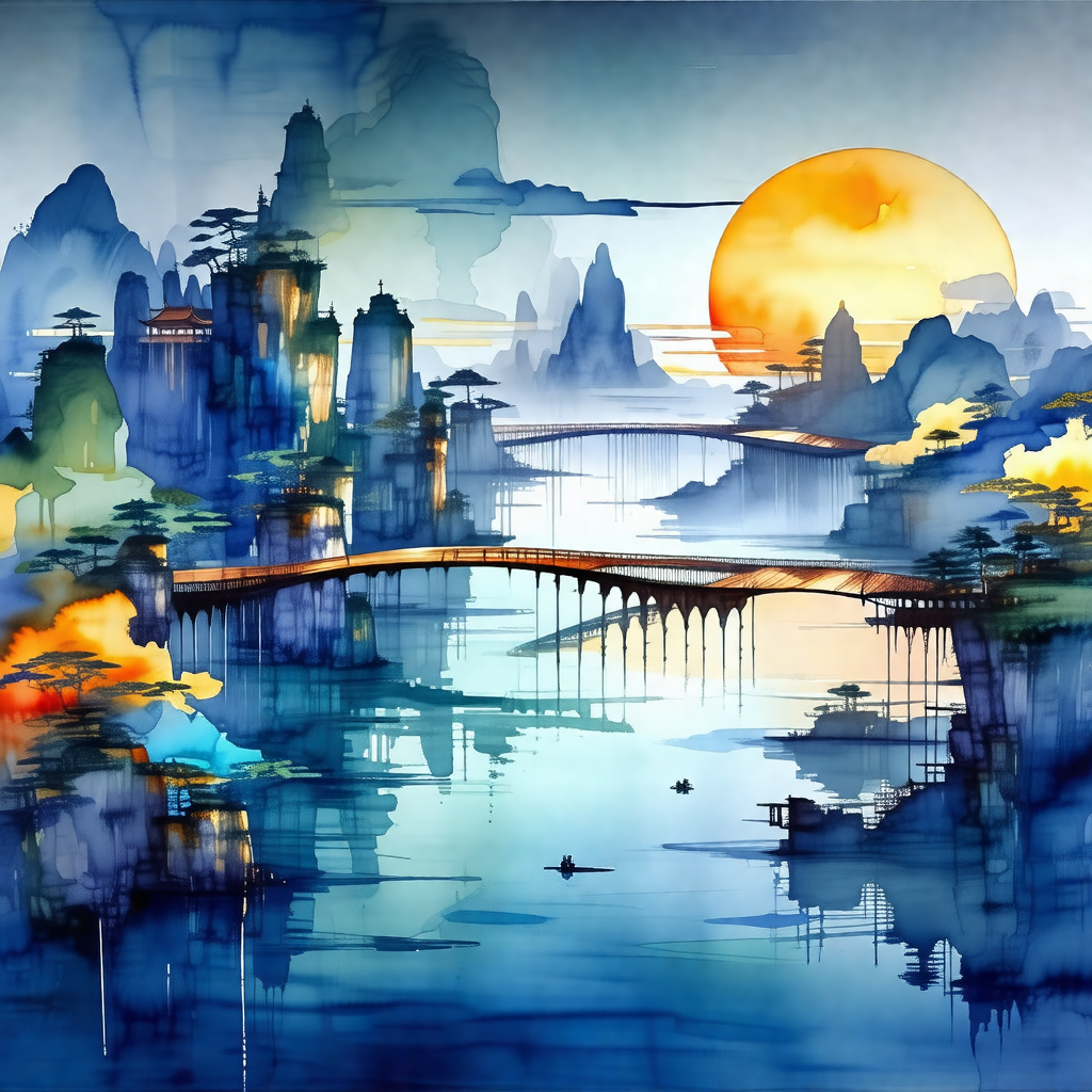 Painting of a beautiful landscape featuring a large body ...