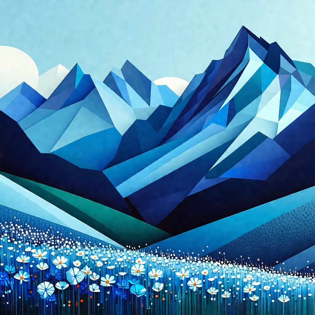 Painting of a mountainous landscape with a blue sky