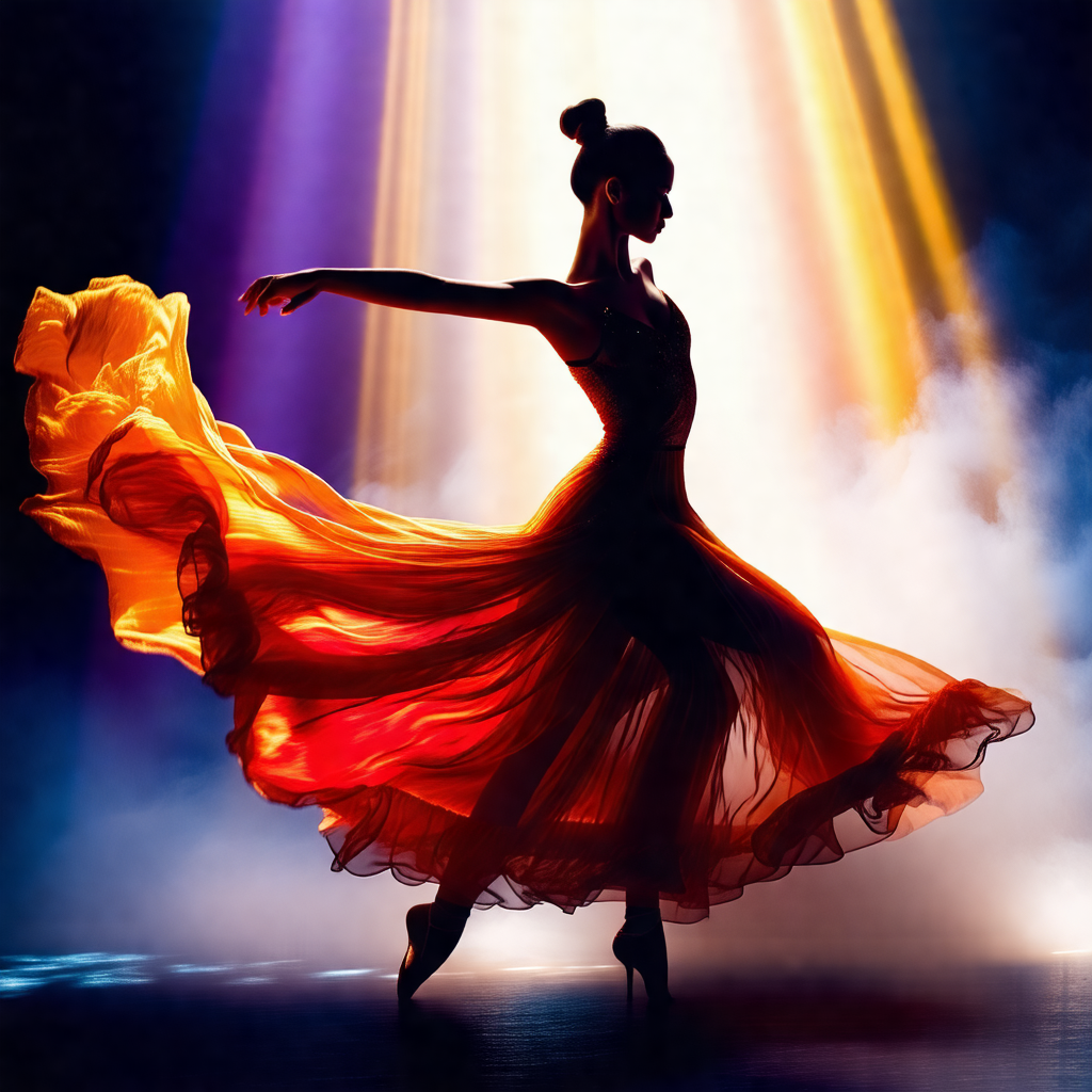 Woman in a red dress, dancing on a stage