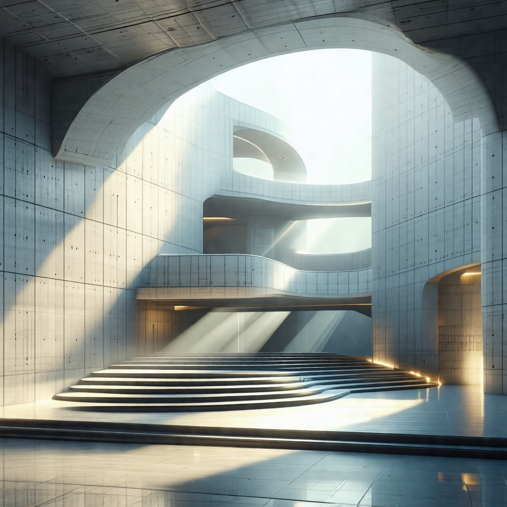 Black and white photo of a large, modern building with a ...