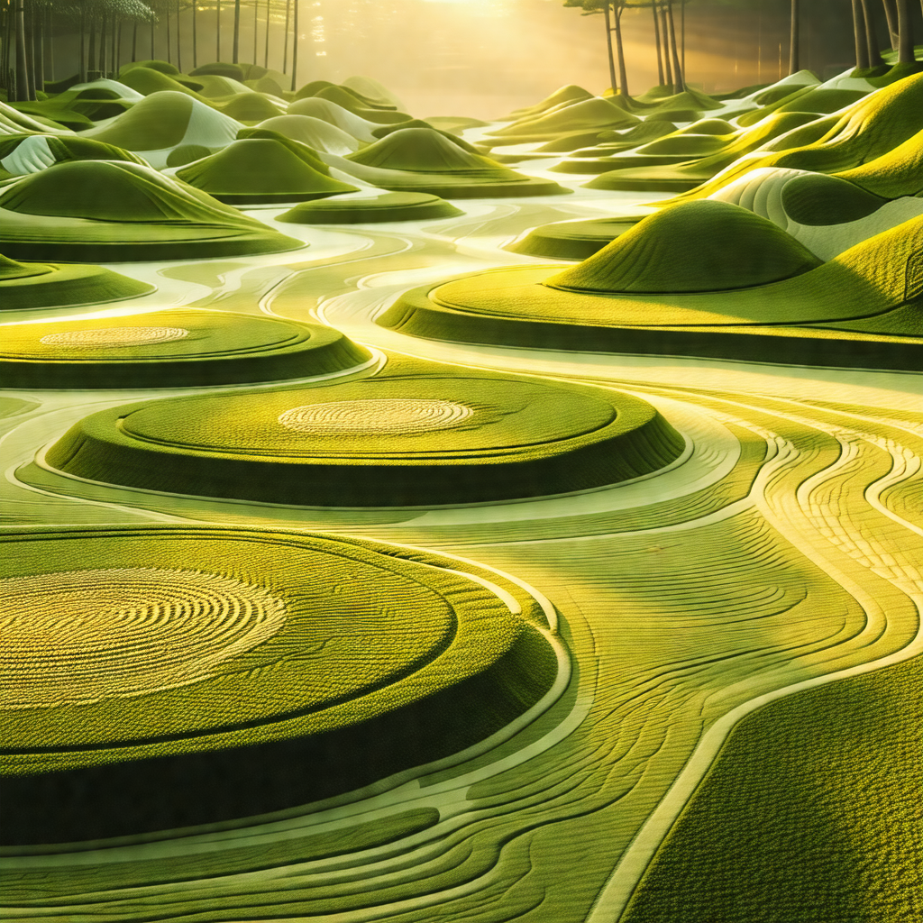 Lush green field with a variety of mounds and hills