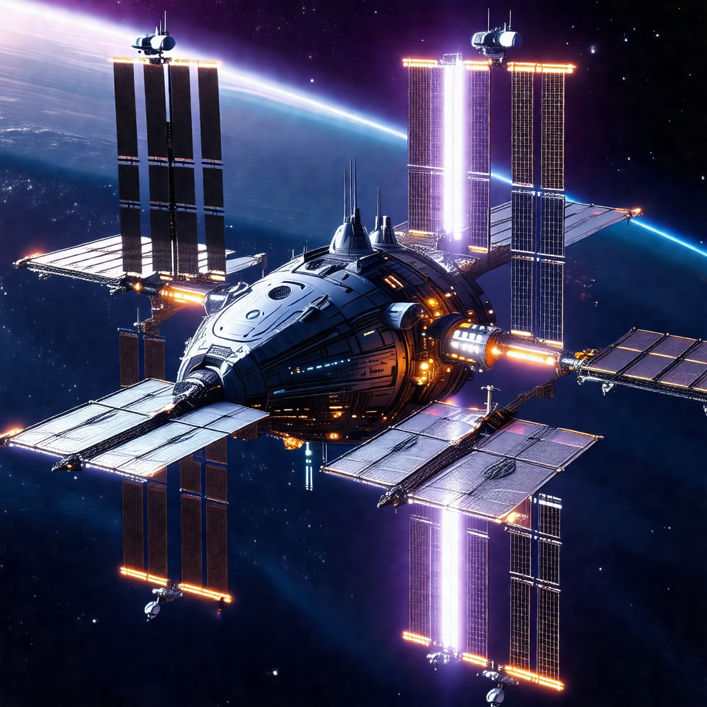 Futuristic spacecraft with a large, circular structure on...
