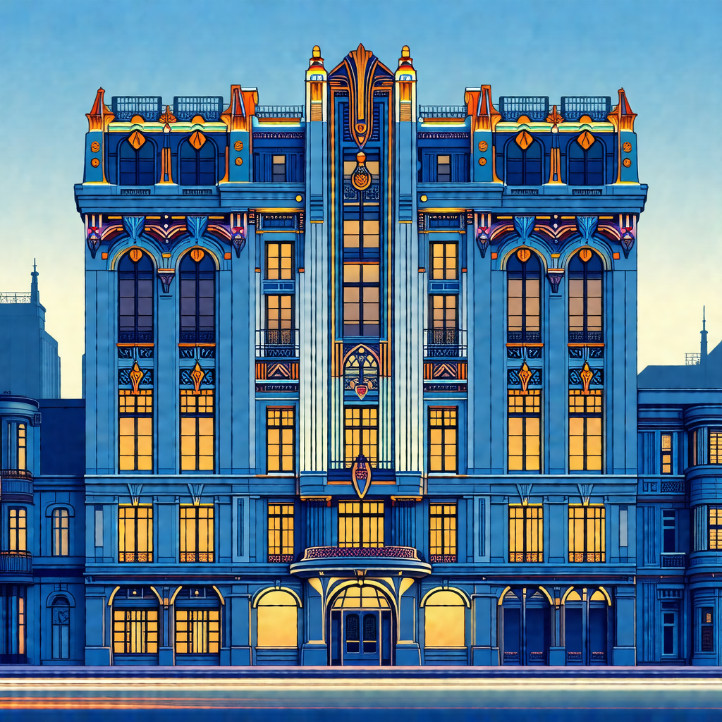 Blue and white drawing of a large, ornate building