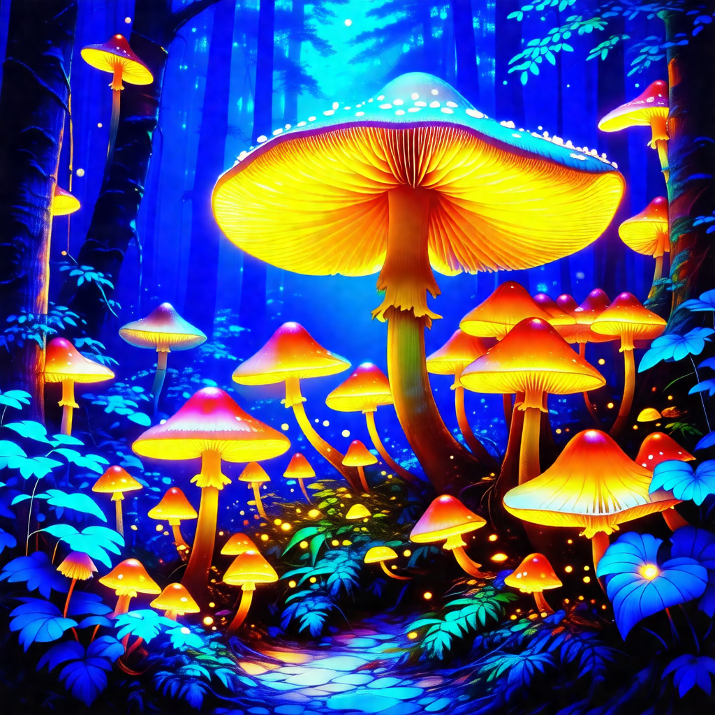 Forest filled with a variety of mushrooms, some of which ...