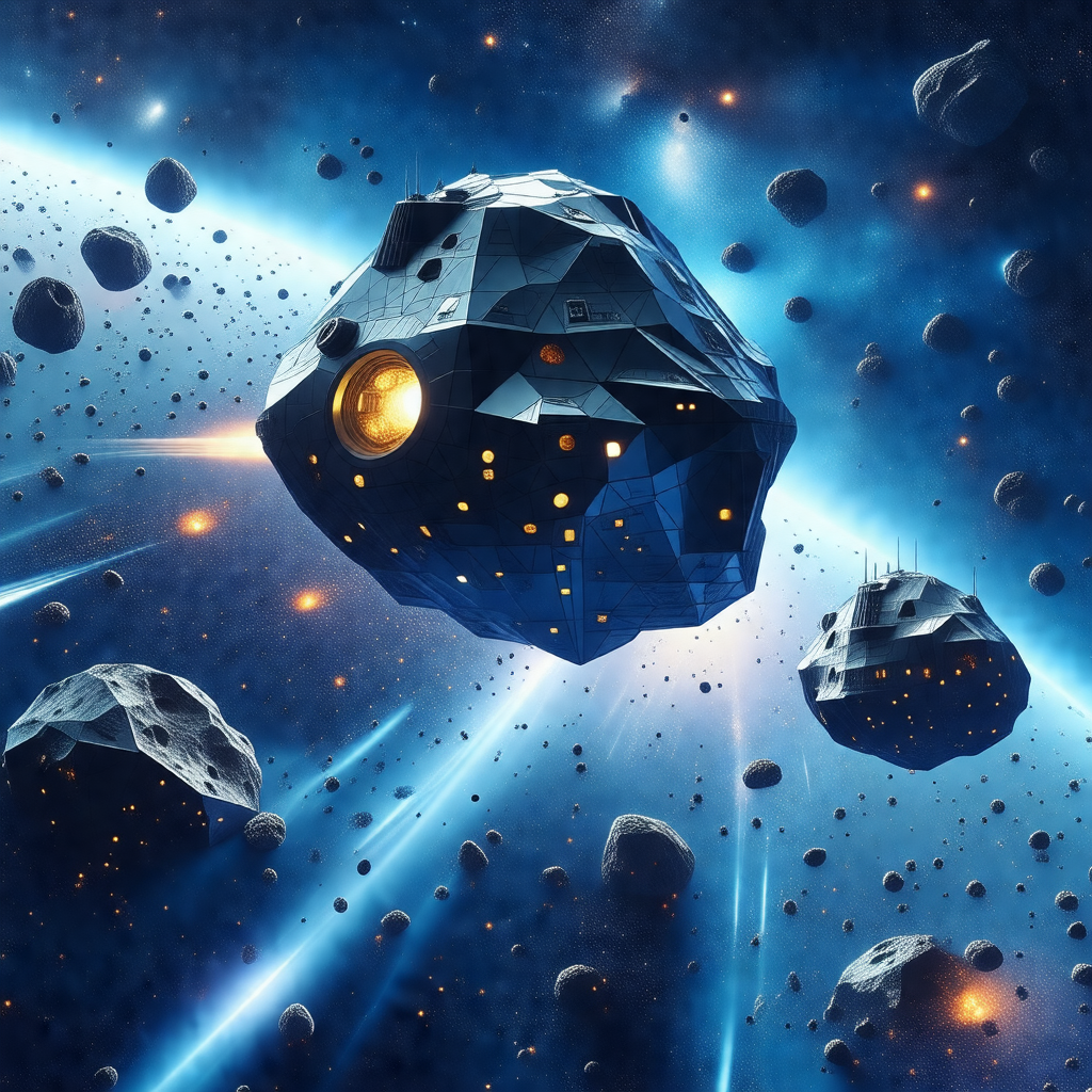 There are three spaceships floating in the vastness of space