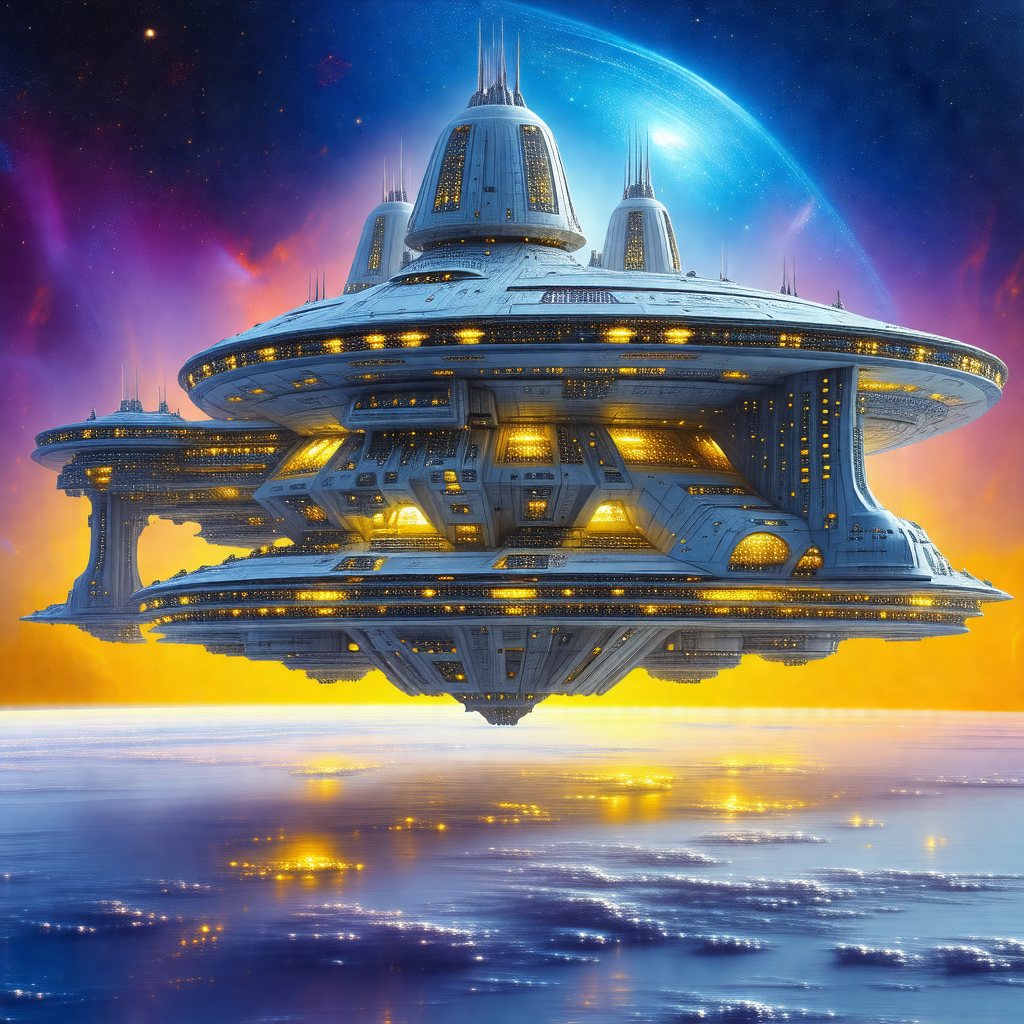 Large, futuristic spacecraft floating in the air