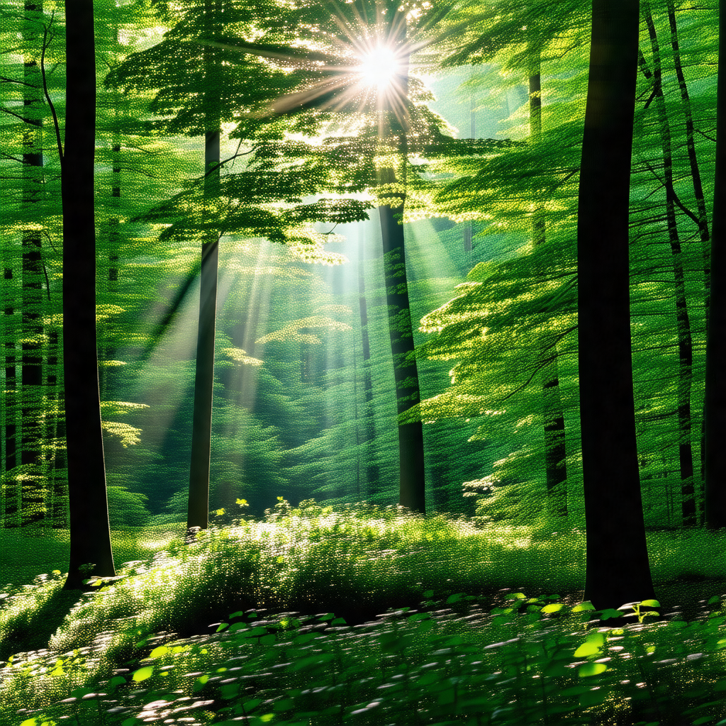 Lush green forest with a bright sun shining through the t...