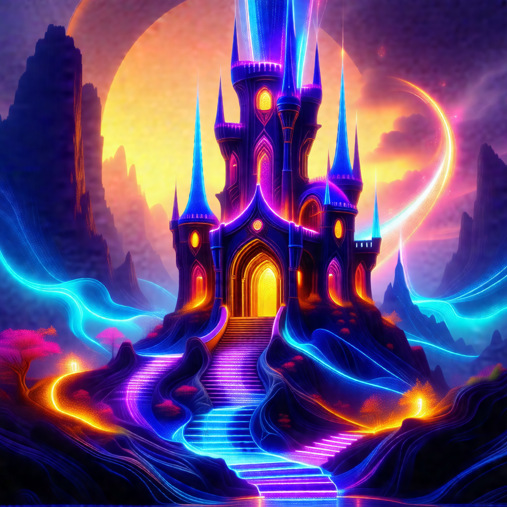 Large, colorful castle with a purple and blue color scheme