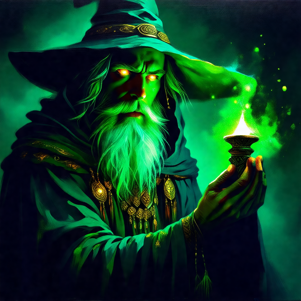 Wizard with a green beard, wearing a green hat and a gree...