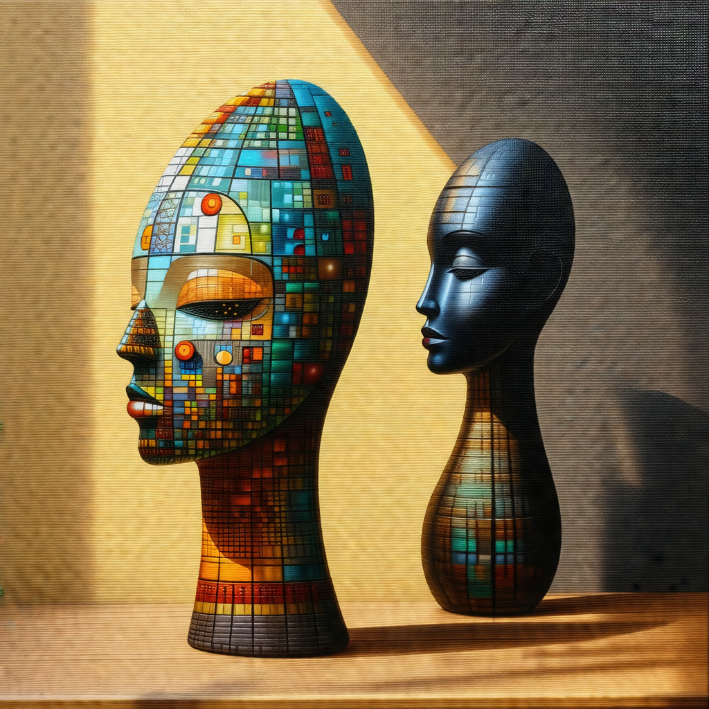 Two colorful sculptures of human heads, one on the left a...