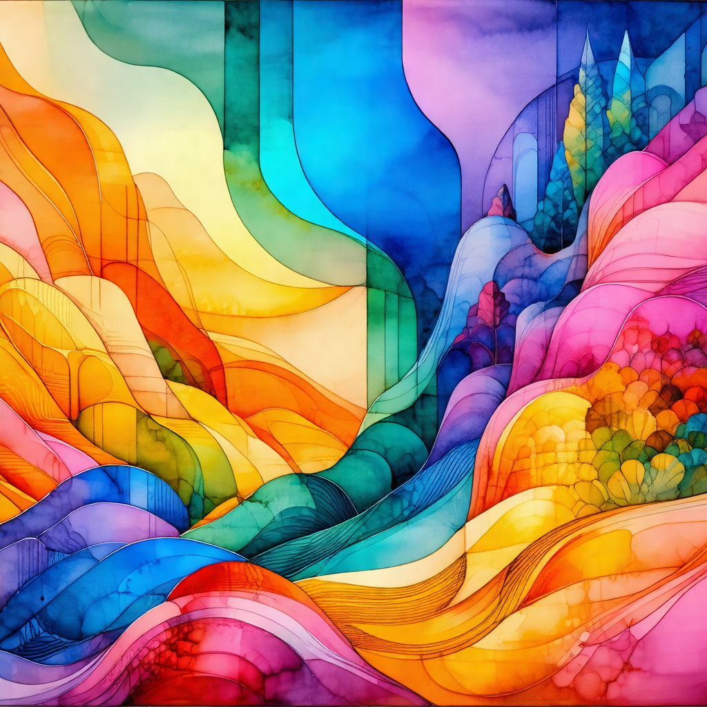Colorful painting of a mountainous landscape