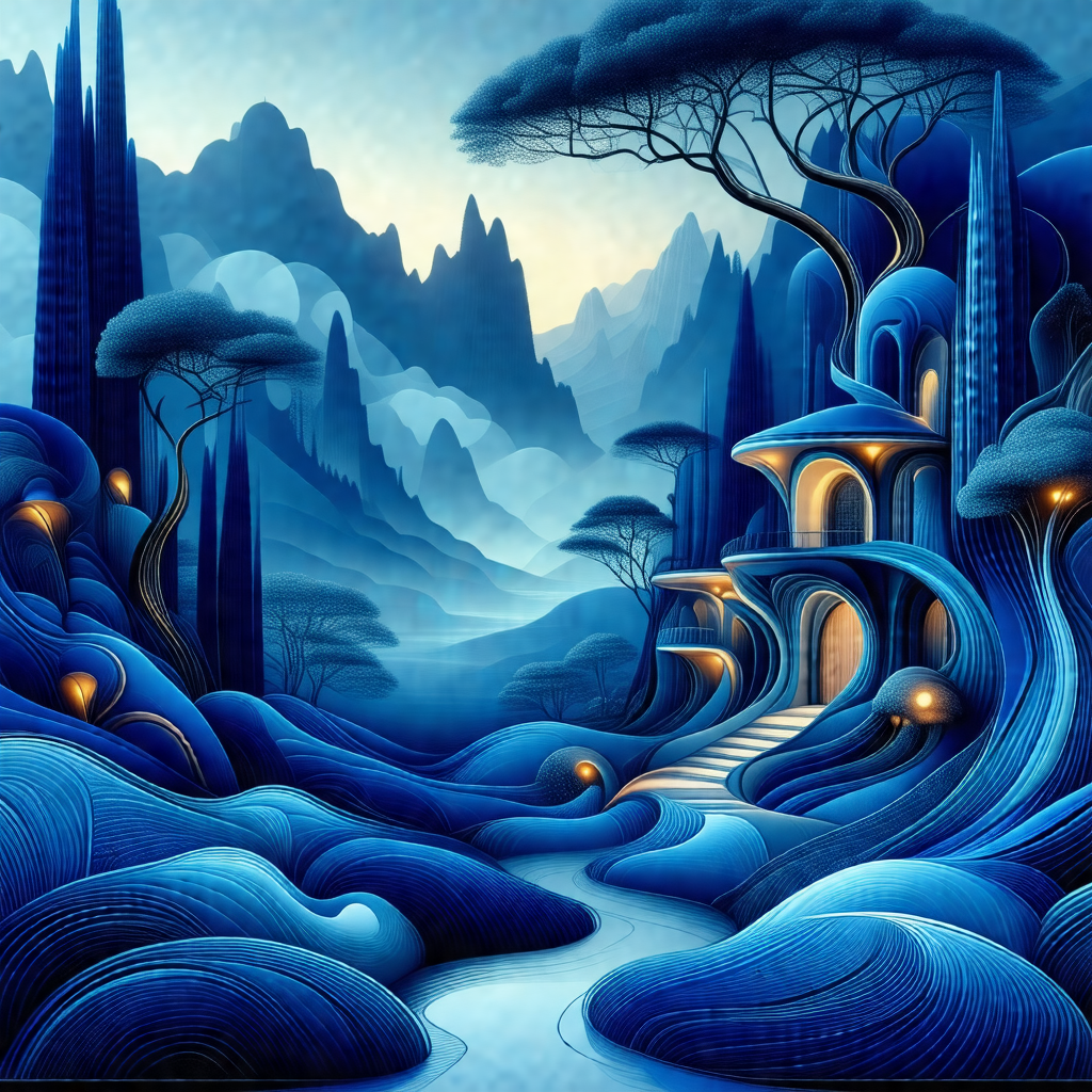 Painting of a fantasy world with a blue sky and a mountai...