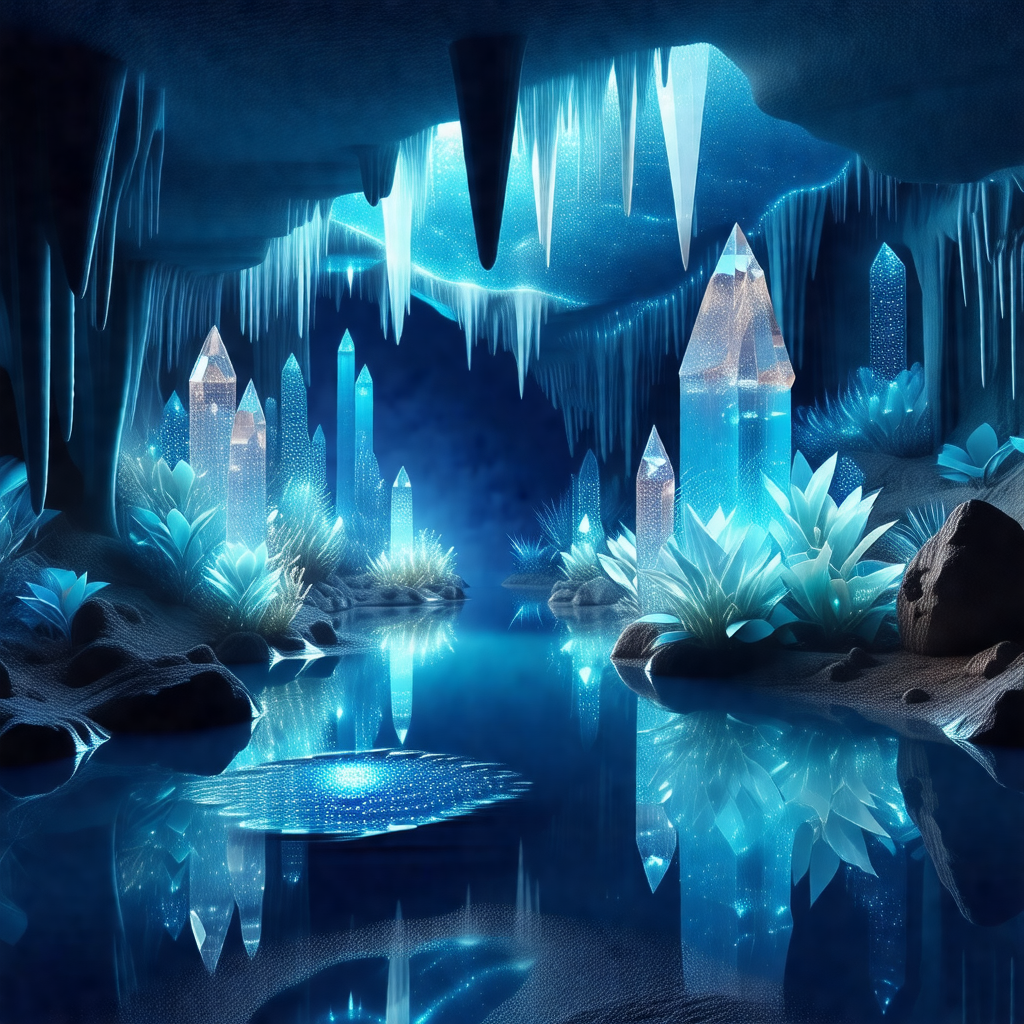 Beautiful underwater cave with a blue light illuminating ...