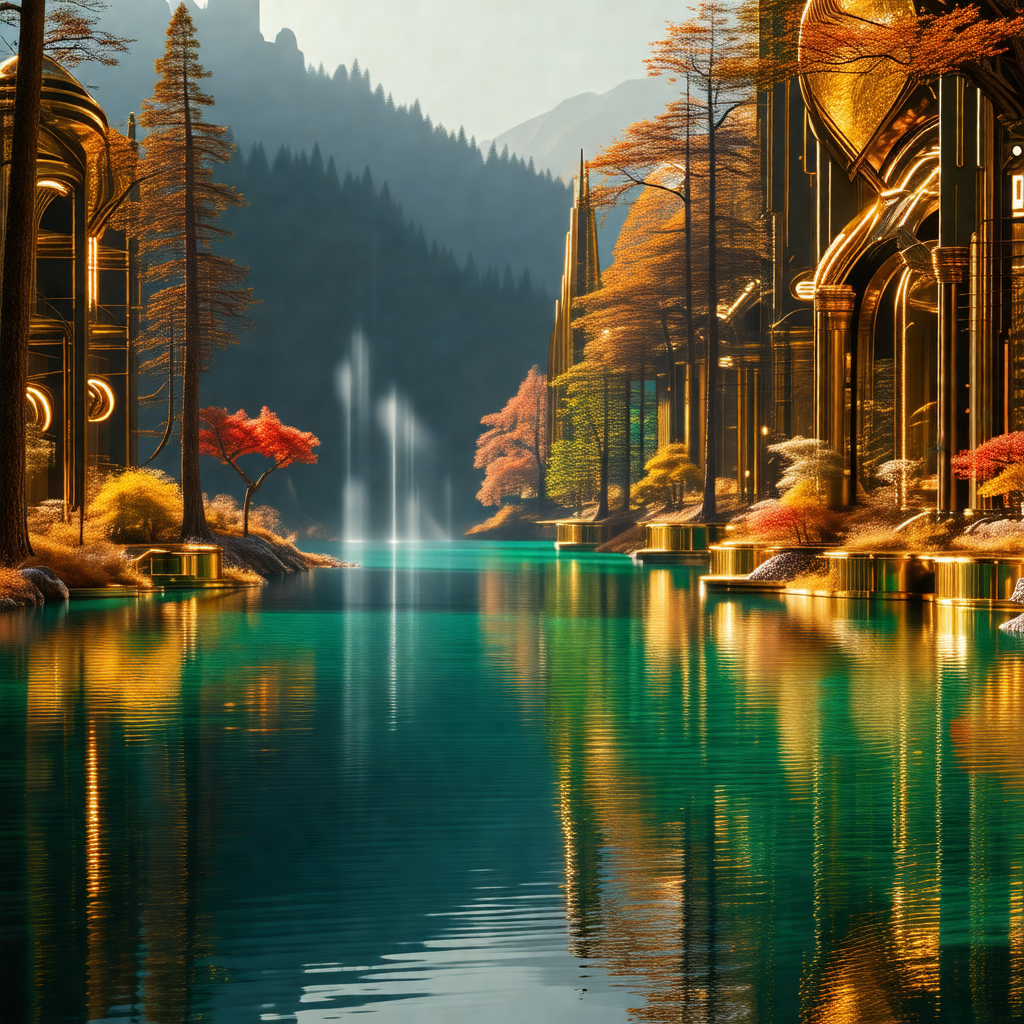 Painting of a serene scene with a lake surrounded by trees