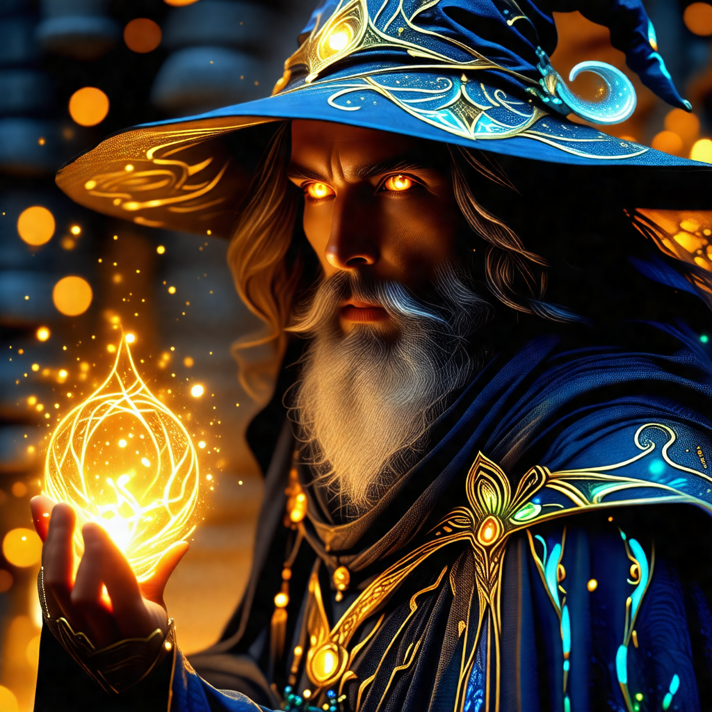 Man dressed in a wizard's outfit, holding a glowing ball ...