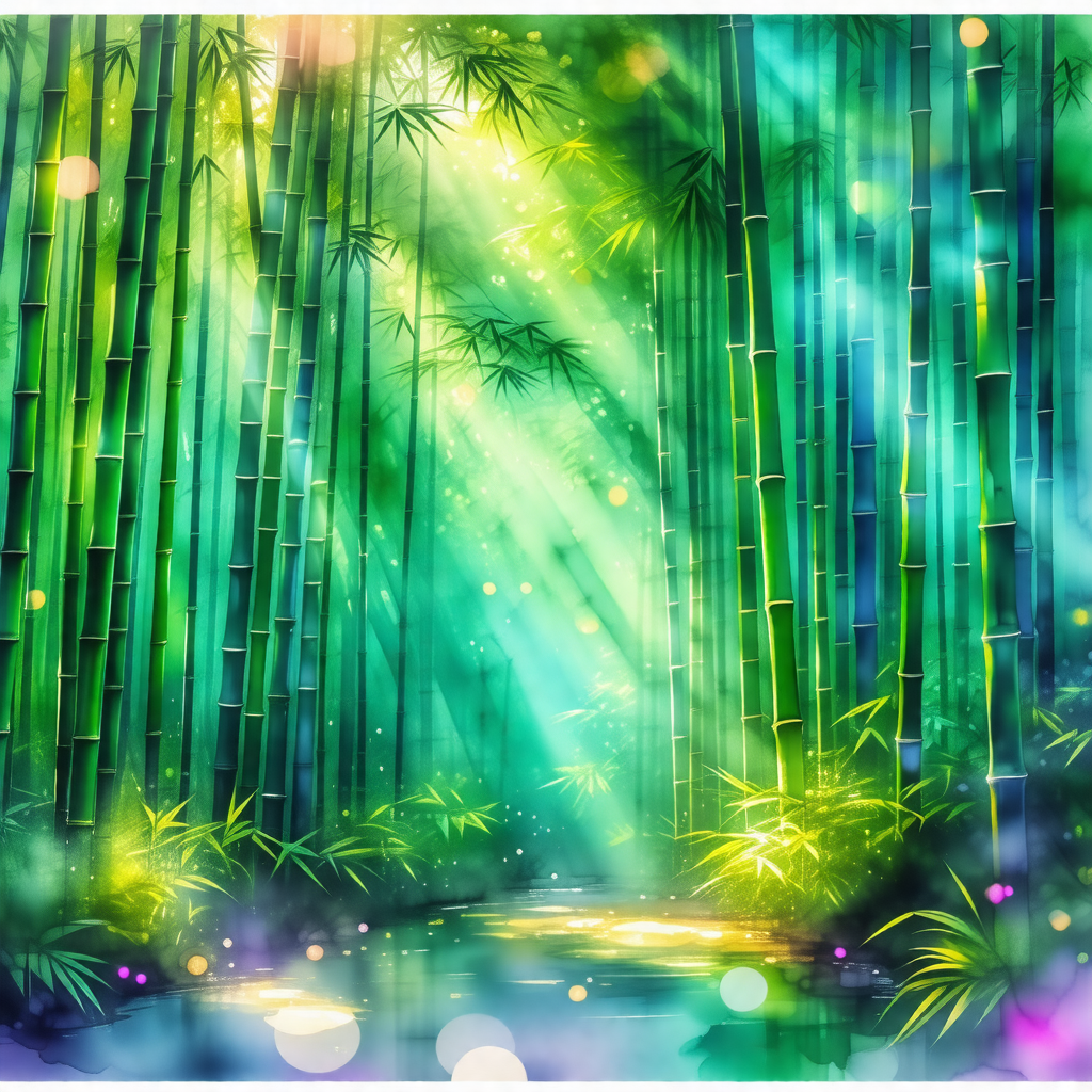 Colorful painting of a forest with a river flowing throug...