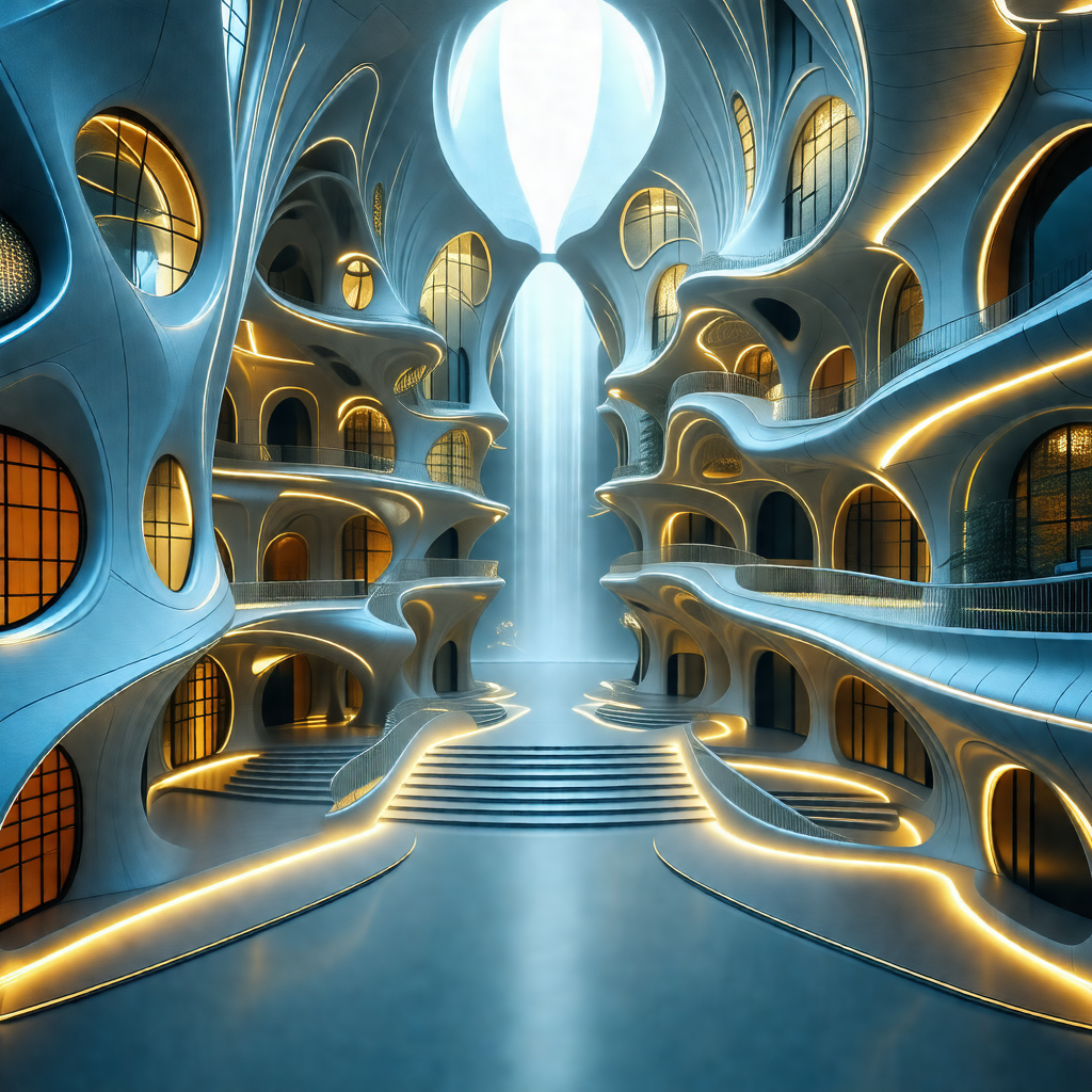 Futuristic cityscape with a large, curved building that r...