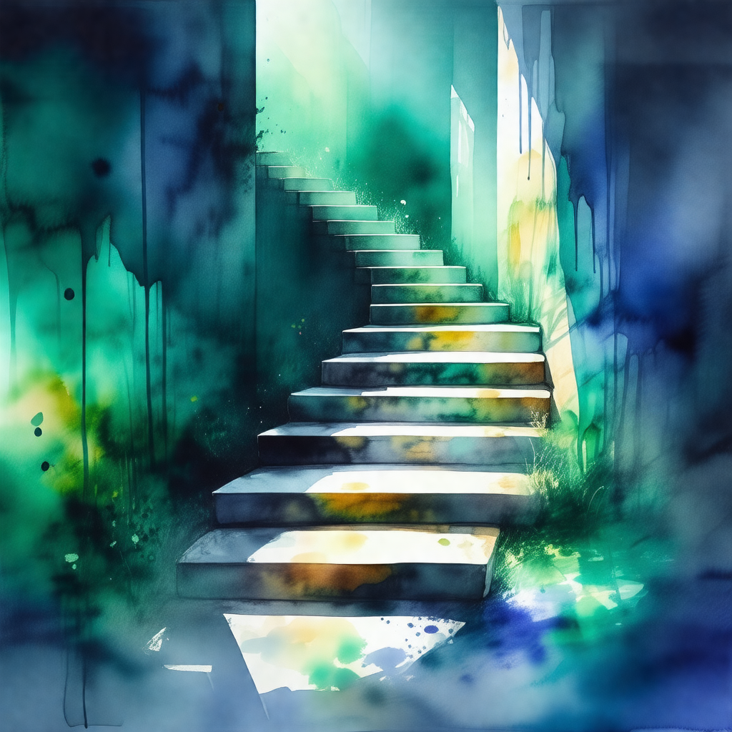 Painting of a staircase with a blue and green color scheme