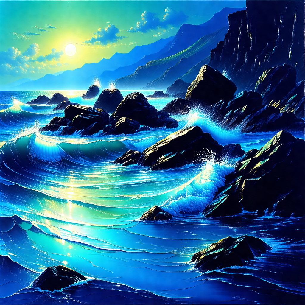 Painting of a beautiful ocean scene with a sunset in the ...
