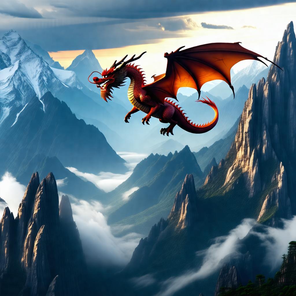 Red dragon flying through the air, with a mountainous lan...
