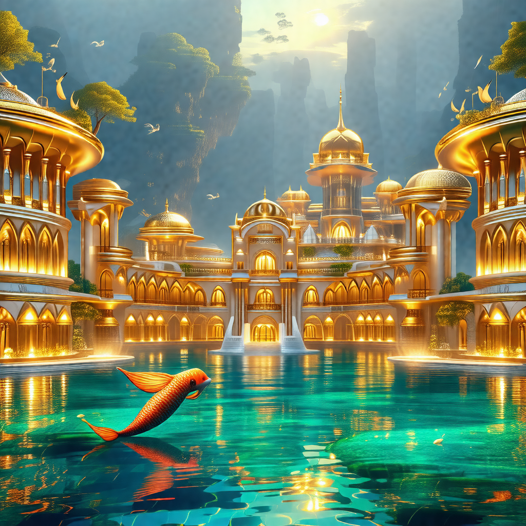 Digital painting of a palace with a large body of water i...