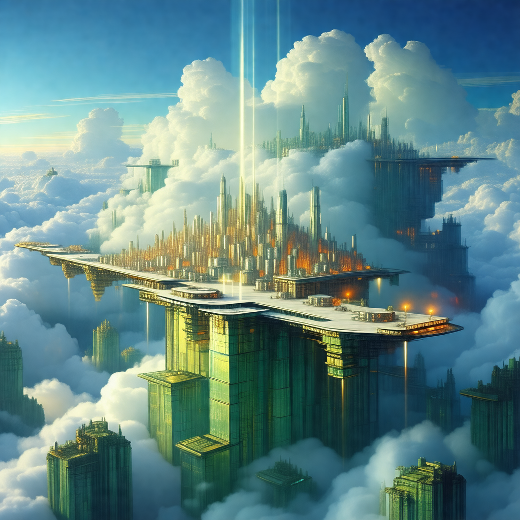 Futuristic cityscape with a large, sprawling cityscape in...