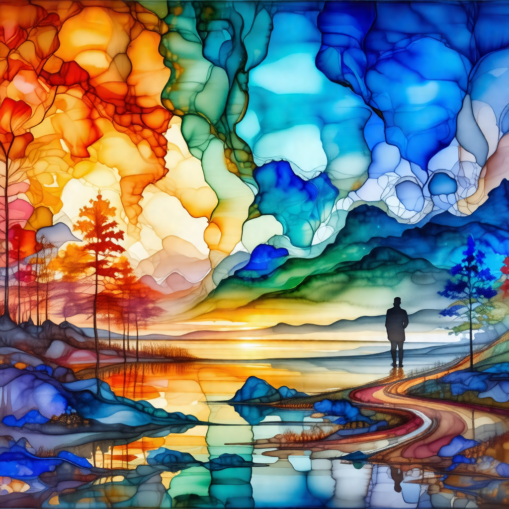 Stained glass window featuring a man walking along a path