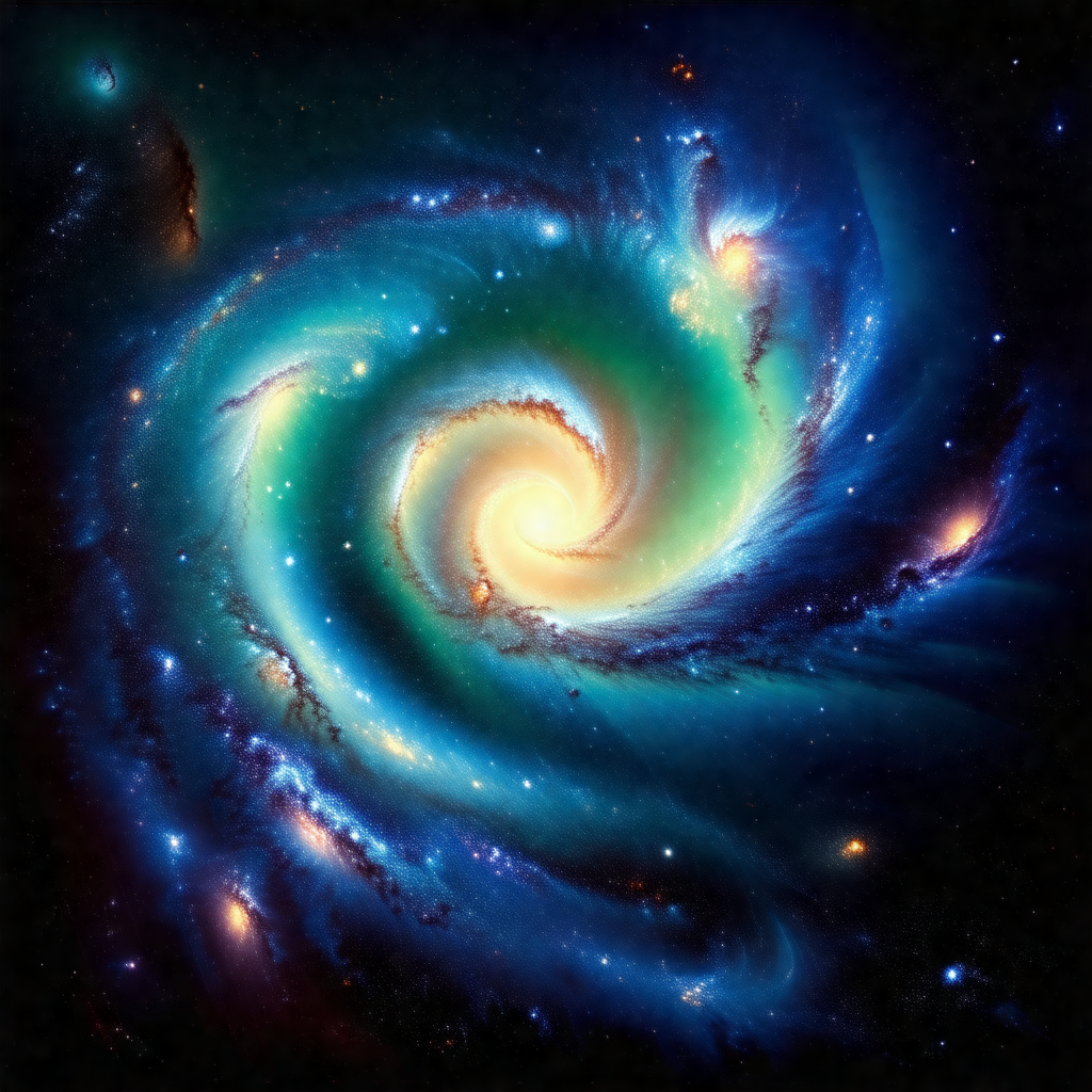 Colorful and detailed space scene featuring a spiral galaxy