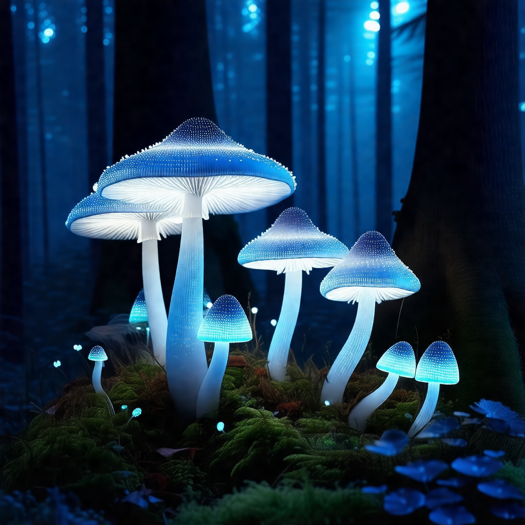 Group of blue mushrooms growing in a forest