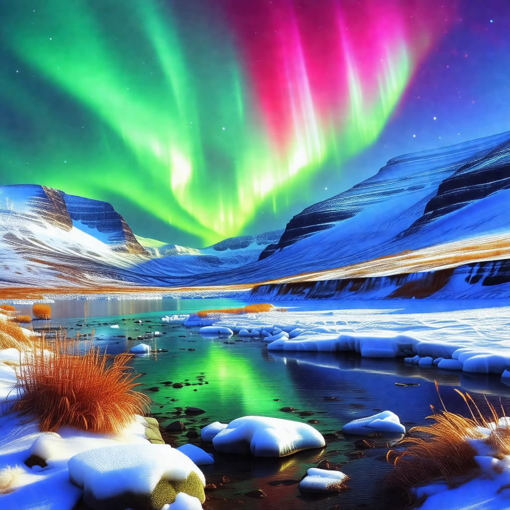 Captures a beautiful scene of a frozen lake surrounded by...