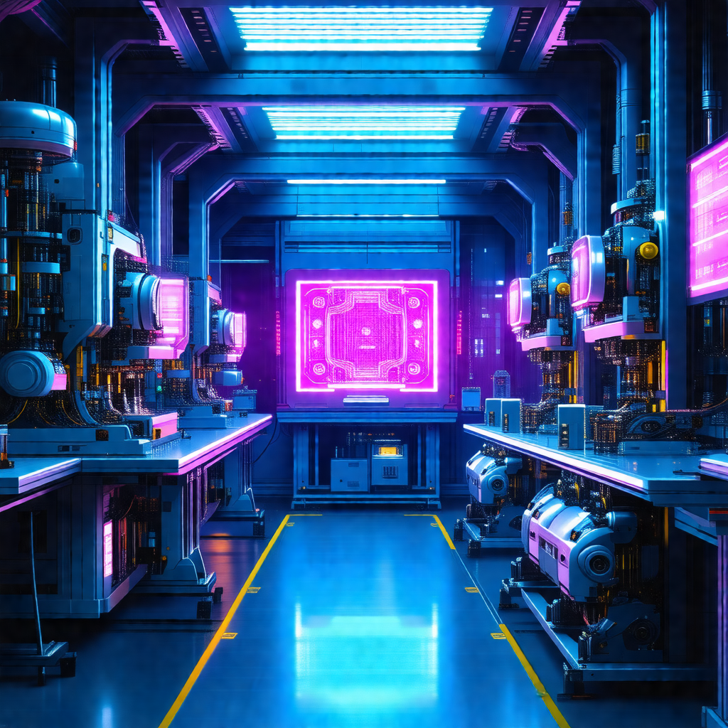 Futuristic factory with a blue glow, featuring a large nu...