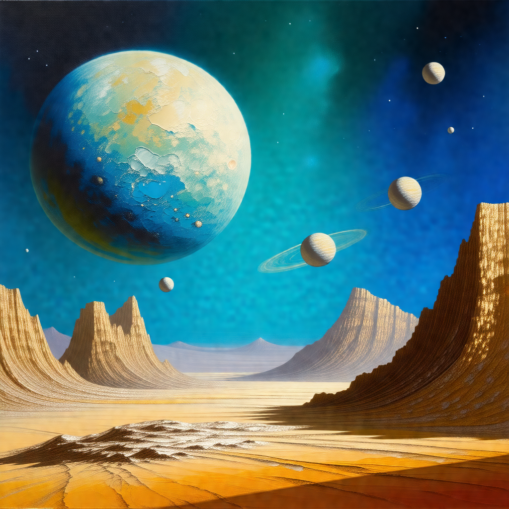 Beautifully painted scene of a planet with a blue moon an...