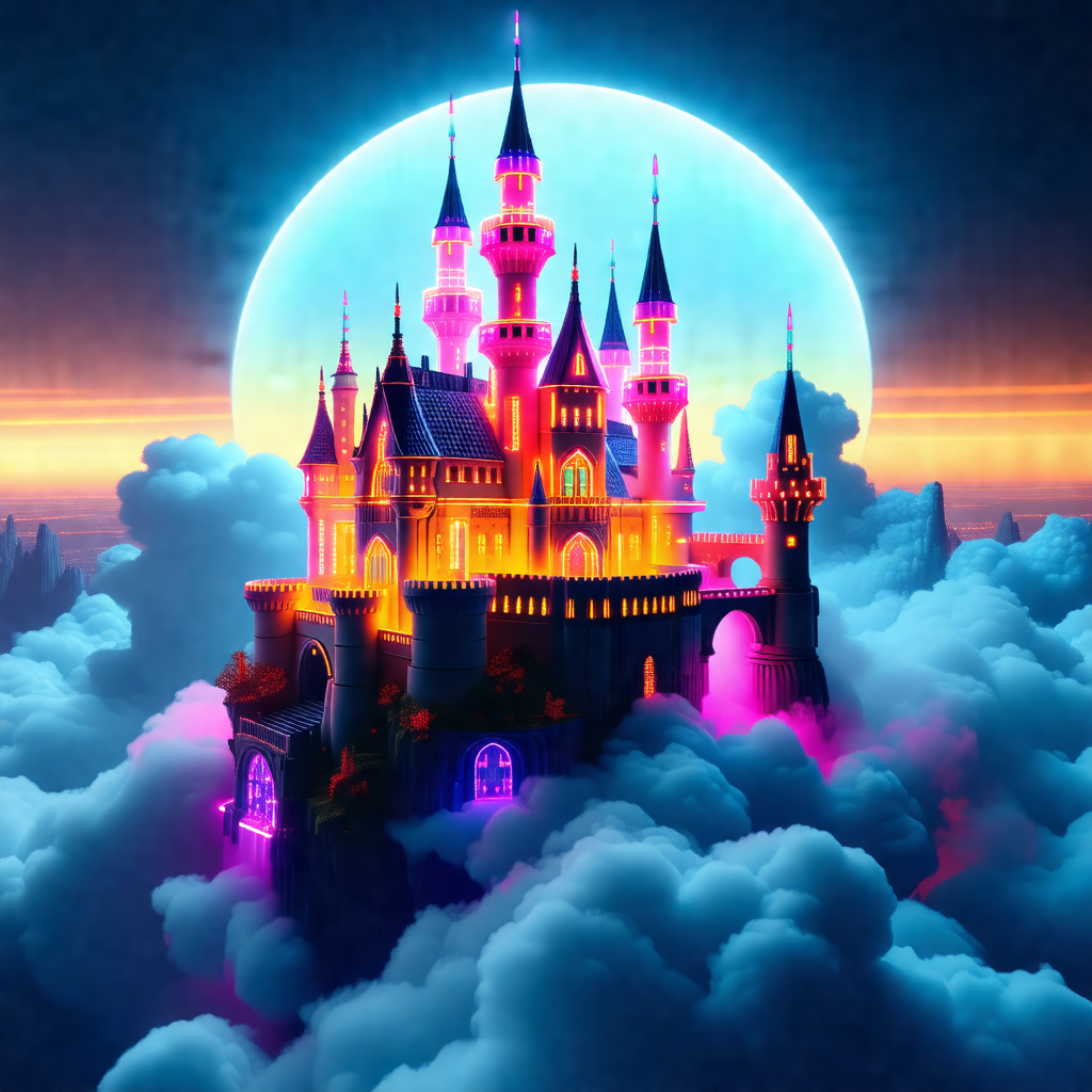 Beautifully lit castle with a pink and purple glow, situa...