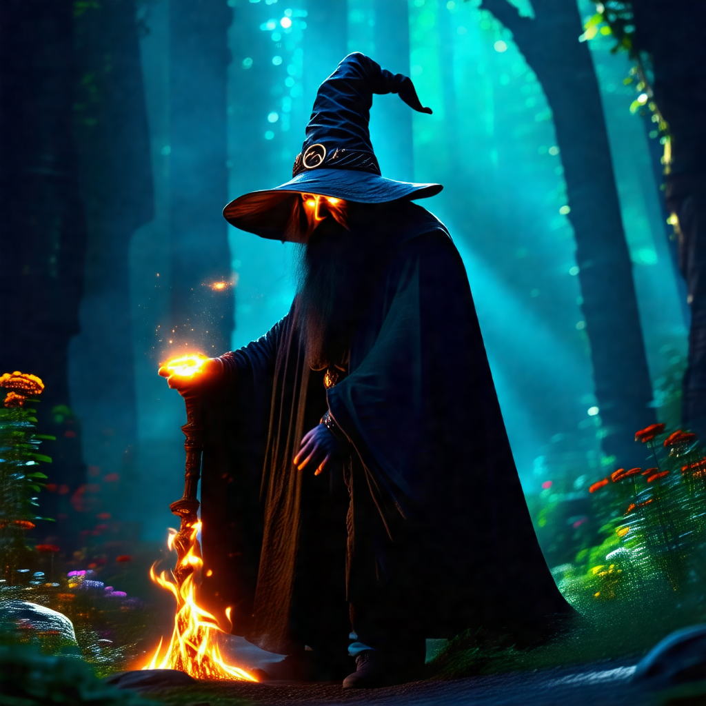 Wizard dressed in a black robe, standing in a forest