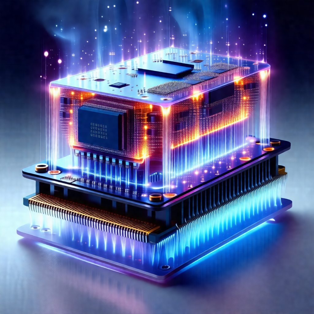 Computer component, specifically a cpu, with a purple glo...