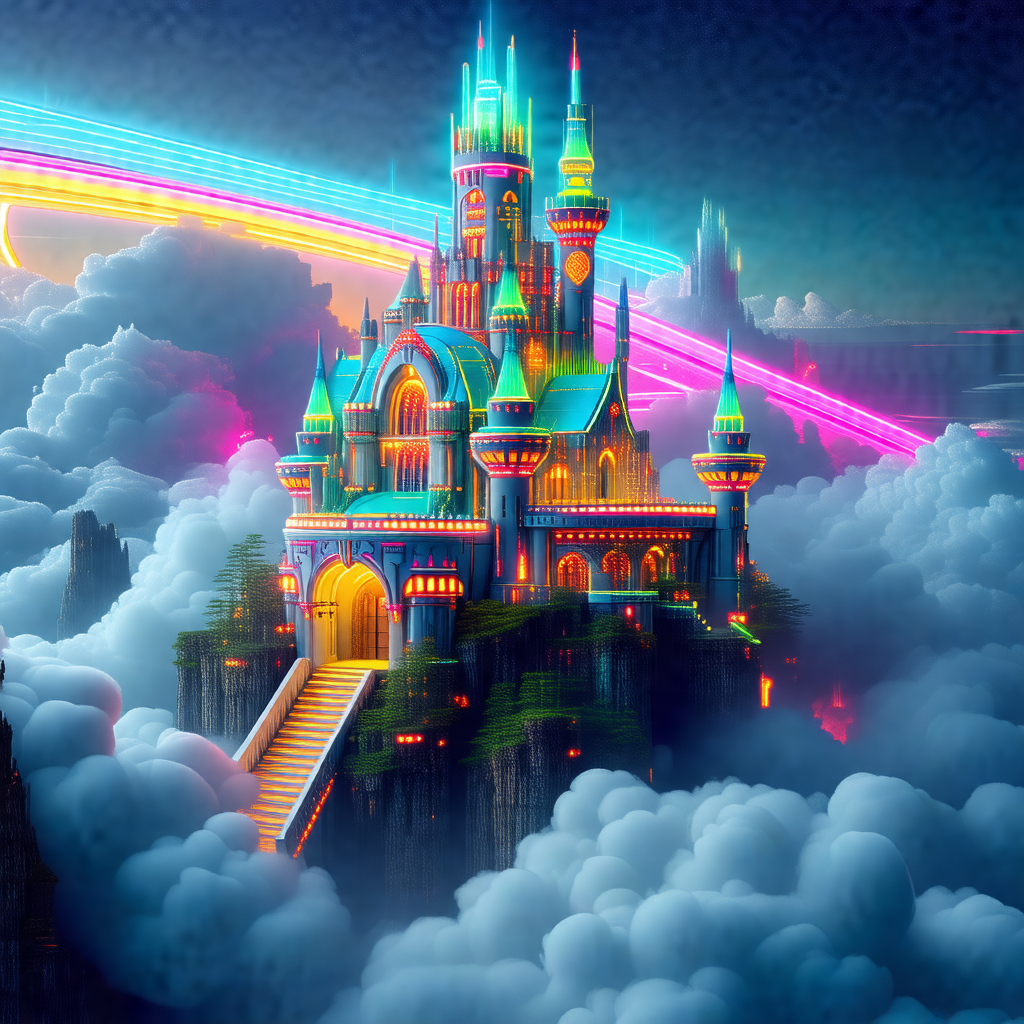 Large, colorful castle with a rainbow-colored bridge lead...
