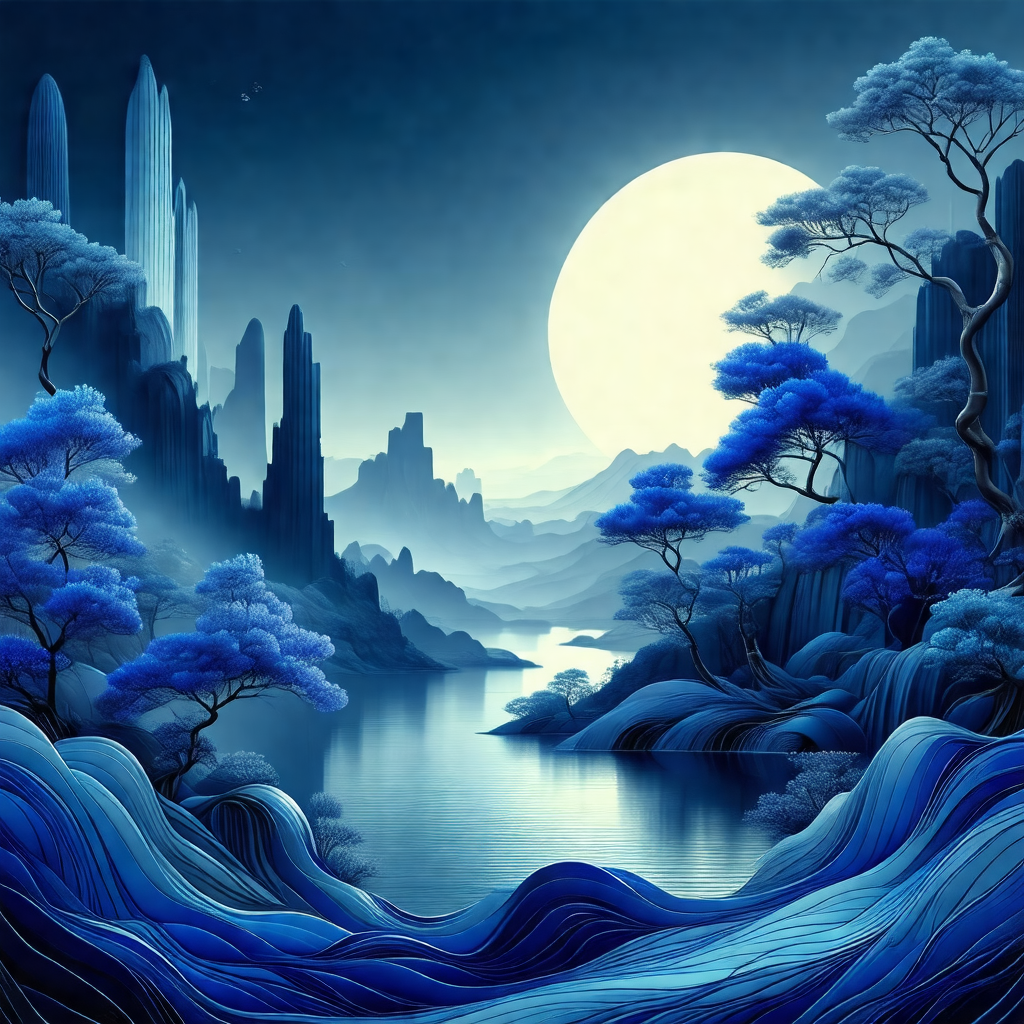Painting of a beautiful landscape featuring a large body ...
