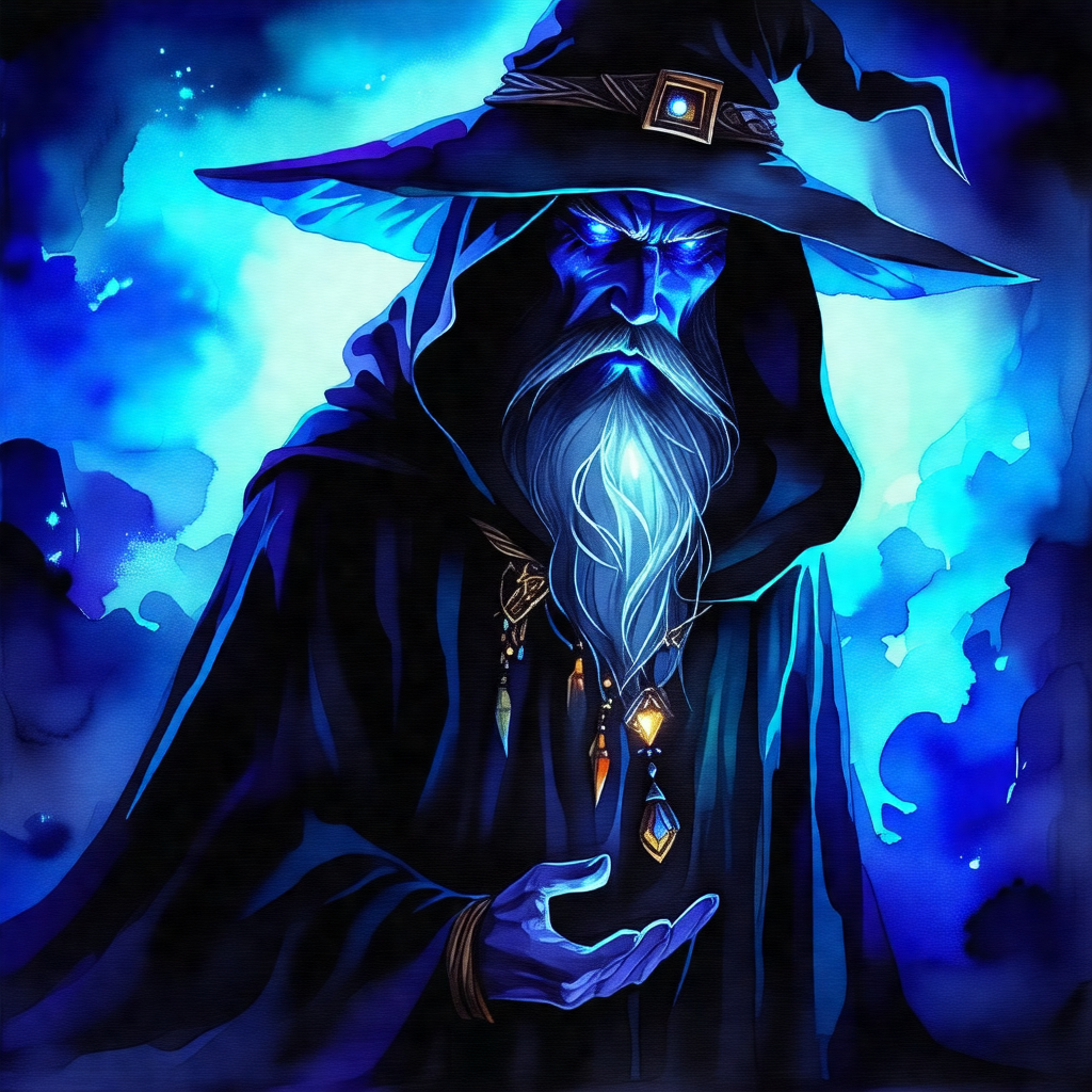Wizard with a long beard and a blue hat, standing in a da...