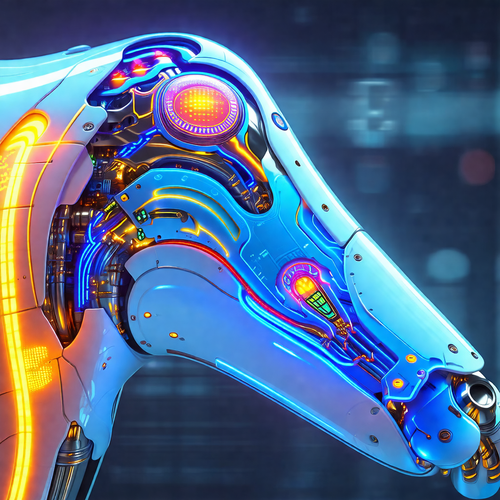 Futuristic robotic horse with a blue and white color scheme