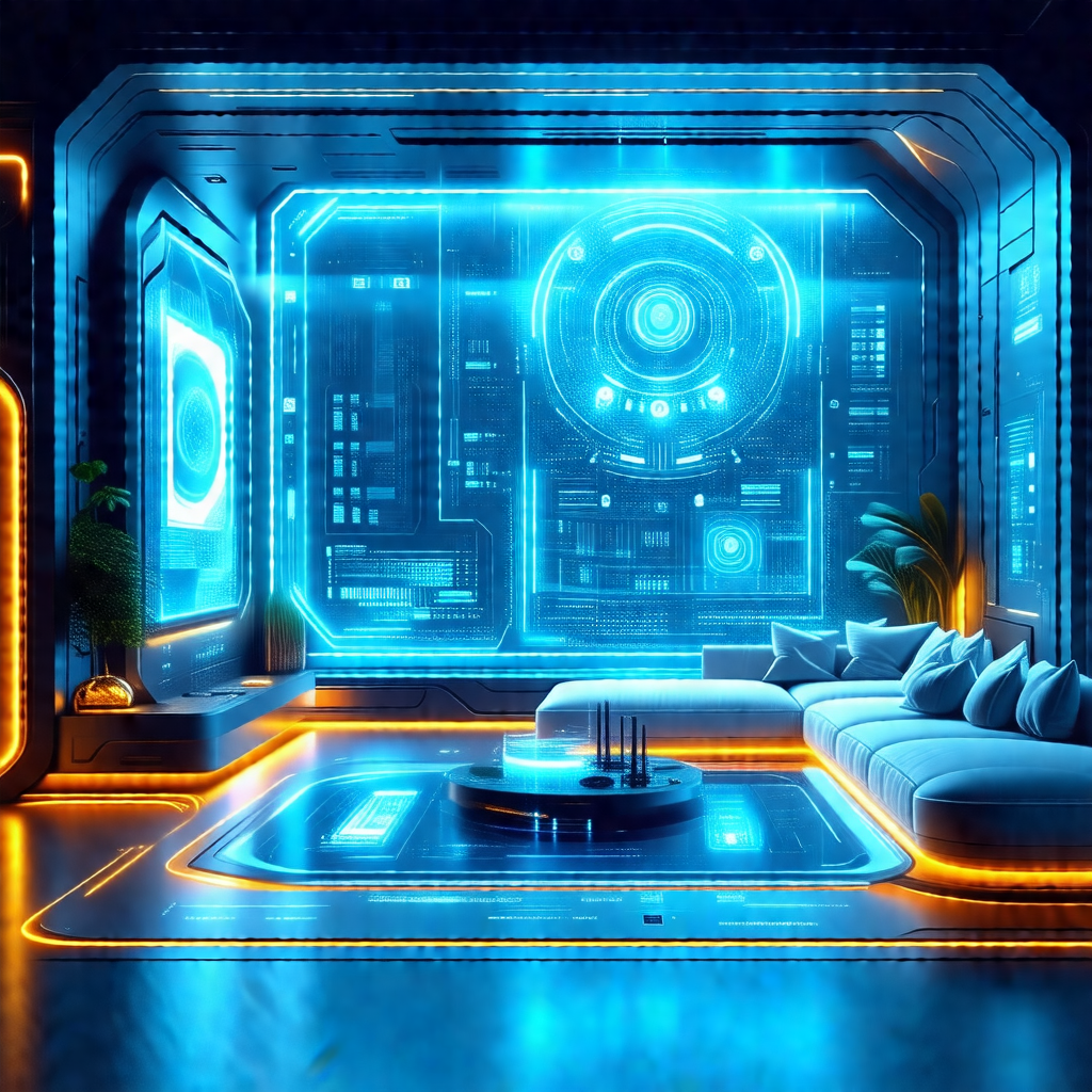 Futuristic living room with a blue and orange color scheme