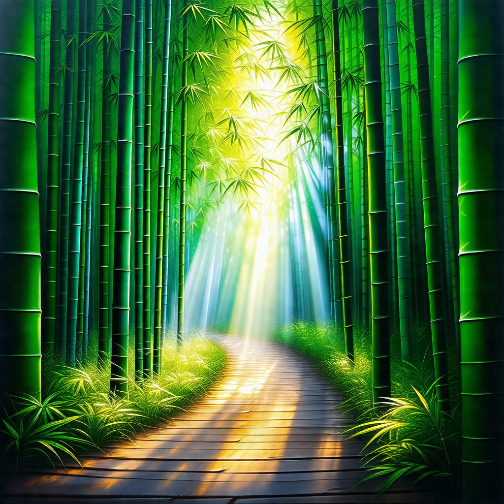 Beautifully painted forest scene with a pathway leading t...
