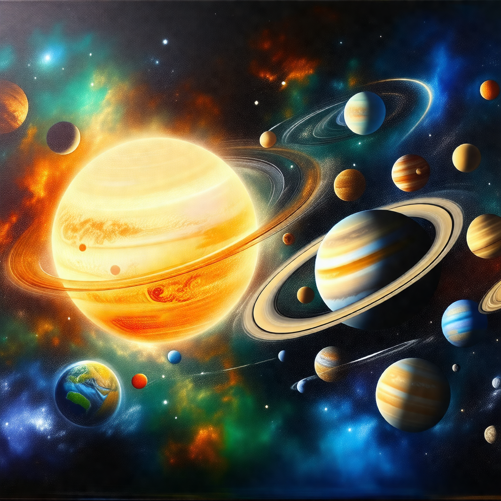 Painting of a solar system, featuring a large, bright sun...