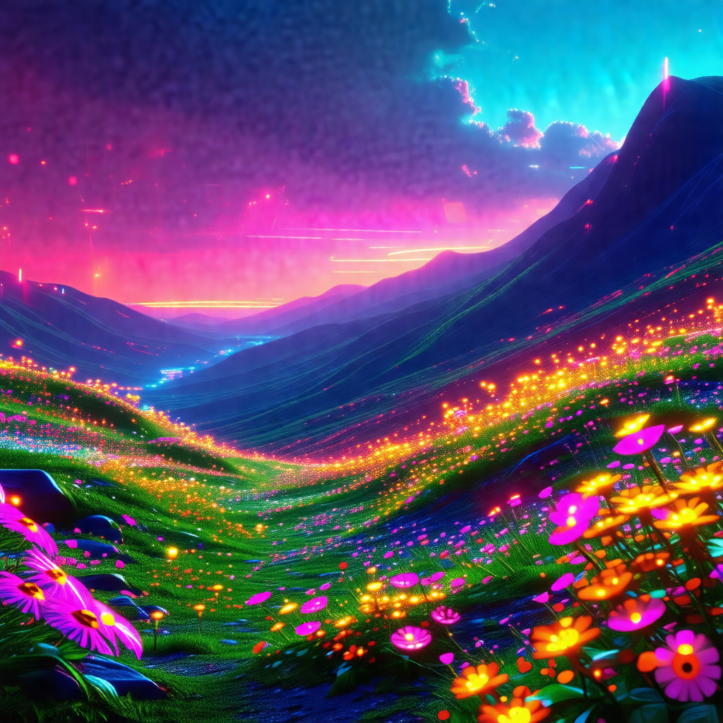 Vibrant and colorful painting of a lush green hillside wi...