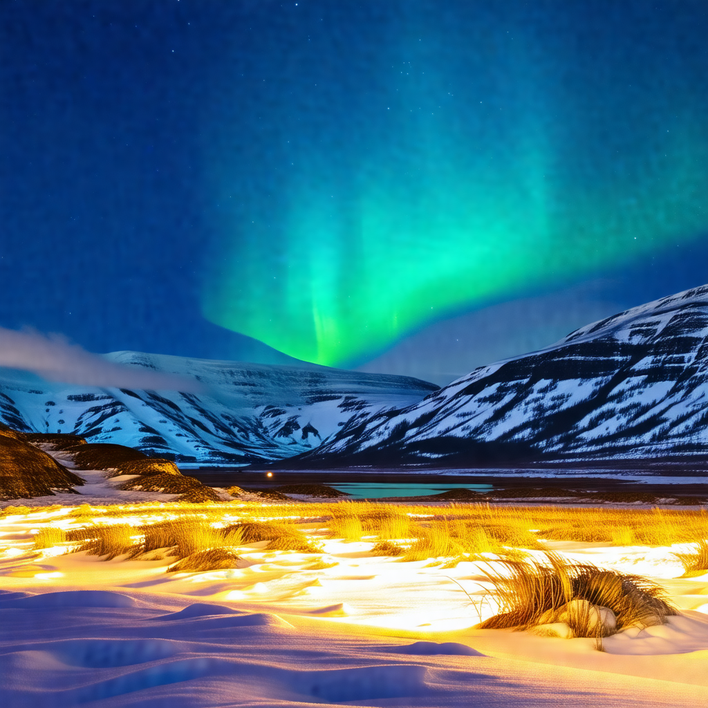 Captures a beautiful night scene with a mountain range in...